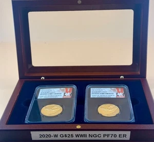 LOT OF TWO: 2020 End of WWII 75th Anniversary W $25 Gold Medal PF70 ER V LABEL - Picture 1 of 7