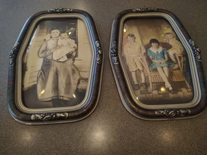 Pair of 2 Antique Frame Convex Bubble Glass Portrait Picture Colored Photos - Picture 1 of 23