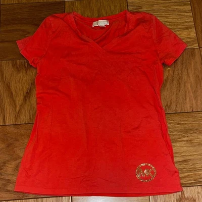 Camiseta Top Michael Kors Mujer Pequeña Rosa Bling MK Logo Clásica Básica Preppy Foto 1 de 4