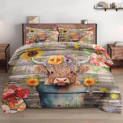 Juego de edredón tamaño con 2 fundas de almohada, feliz lindo dibujo animado King Highland Cow 2 Foto 1 de 4