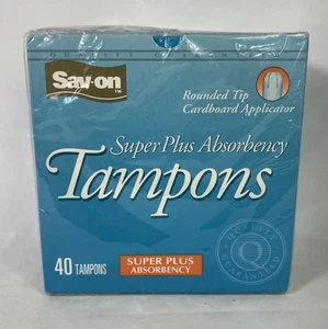 Vintage 90er NEU Packung 40 Sav-on Tampons Super Plus Saugfähigkeit Karton Film Requisite - Bild 1 von 4