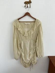 Jen's Pirate Booty Gold Metallic Long Sleeve Ruffle Boho Peasant Mini Dress XS - Picture 1 of 9