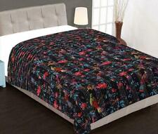 Queen Black Paradise Indian Cotton Kantha Quilt Decorative Bedroom Throw Blanket