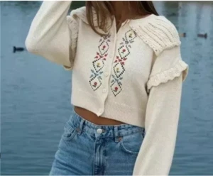 Zara Floral Embroidered Knit Cardigan Statement Collar Medium Cream Crop Sweater - Picture 1 of 10