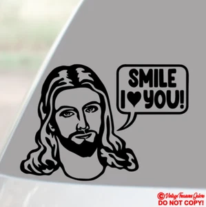 JESUS "SMILE I LOVE YOU" Vinyl Decal Sticker Car Window Wall Bumper Christ FUNNY - Picture 1 of 2