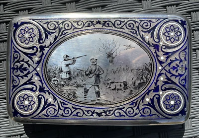 Antiguo estuche ruso champleve guilloche esmalte cigarrillo 91 plata caza Foto 1 de 4
