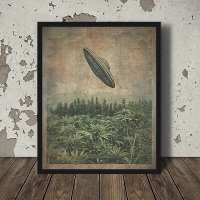 Vintage UFO ALIEN CANNABIS Wall Art, UAP 420 Pothead Poster, Sci-fi Weed Decor - Image 1 of 4