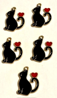 Lote de 5 dijes de gato negro con corazón de metal para joyería sin anillo de salto 1" unilateral Foto 1 de 3