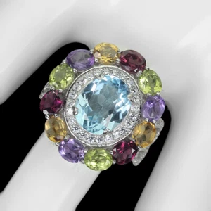925 Sterling Silver Ring Oval Sky Blue Topaz 11x9mm Amethyst Ruby Gemstone Sz 9 - Picture 1 of 10