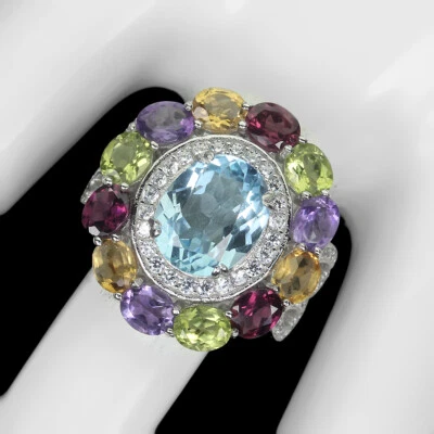 925 Sterling Silver Ring Oval Sky Blue Topaz 11x9mm Amethyst Ruby Gemstone Sz 9 - Image 1 of 4