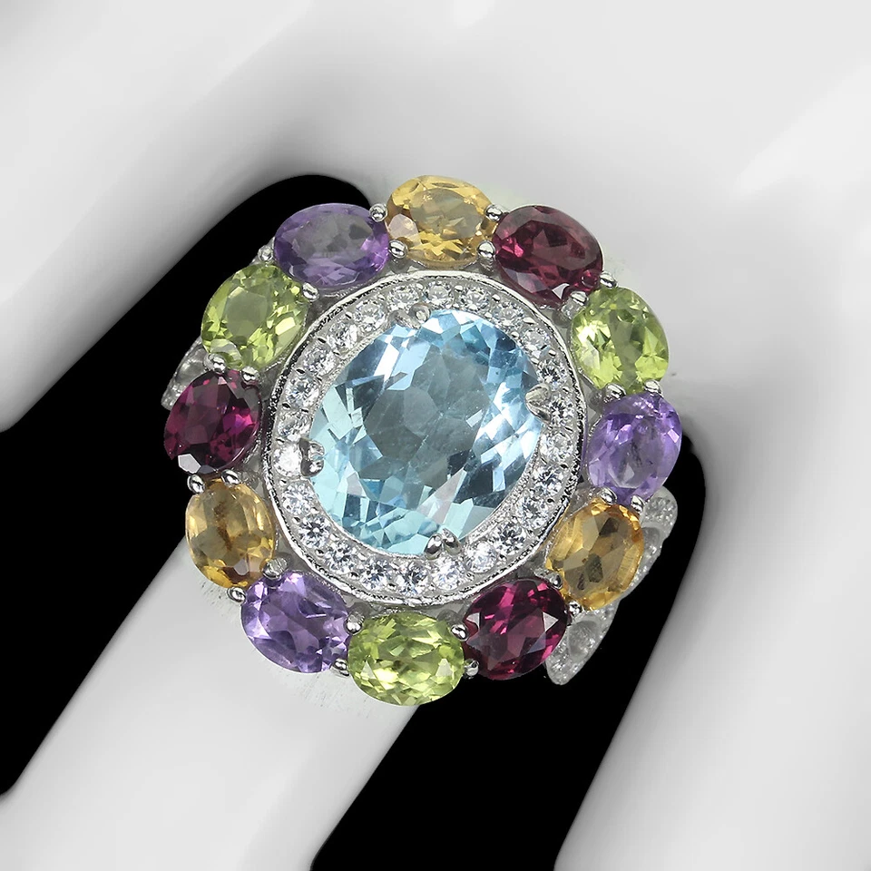 925 Sterling Silver Ring Oval Sky Blue Topaz 11x9mm Amethyst Ruby Gemstone Sz 9 - Image 1 of 4