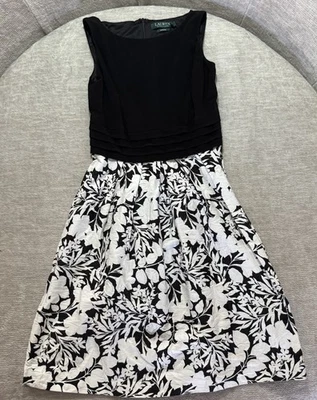 Lauren Ralph Lauren Women's Black And White Floral A-Line Dress Size 2 - Image 1 of 4