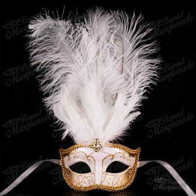 White/Gold Venetian Feather Mask with Ostrich Feather -  Masquerade Mask  - Image 1 of 4