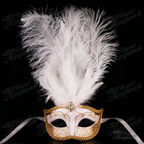 White/Gold Venetian Feather Mask with Ostrich Feather -  Masquerade Mask  - Image 1 of 4
