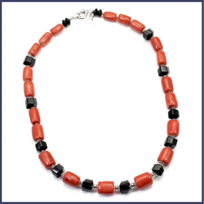Collana in corallo e onice pietre dure rossa e nera argento 925 collana da donna - Immagine 1 di 4