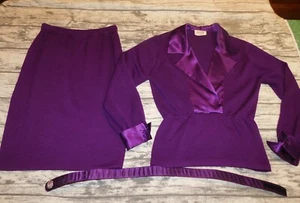 ST. JOHN KNIT SWEATER SKIRT SUIT W BELT EVENING PURPLE sz 6 - Picture 1 of 20