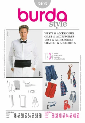 BURDA 3403 MEN'S VEST & ACCESSORIES Sewing Pattern Cummerbund Sizes 36-50 - Image 1 of 4