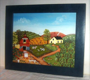 Pintura de Paisaje de Lona BLACKBERRY HILL FARM Calabazas Manzana Huerto Otoño RI - Imagen 1 de 12