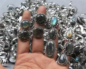 Labradorite Gemstone 925 Sterling Silver Plated Wholesale Designer Rings Lot - Picture 1 of 4