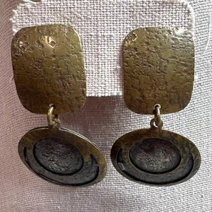 Marjorie Baer SF Modernist Mixed Metals Dangle Clip Back Earrings Signed Vintage - Picture 1 of 7