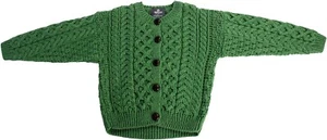 LRG-Aran Woollen Mills Cardigan Sweater for Kids 100% Soft Merino Green - Picture 1 of 7