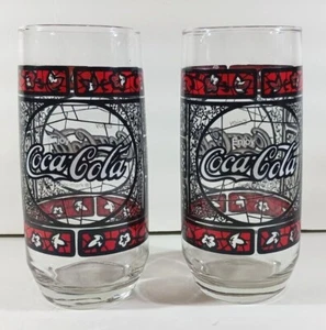 Juego de 2 vasos vintage de coca-cola estilo Tiffany hoja roja y flor años 70 - Imagen 1 de 7