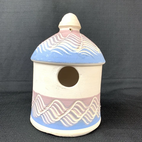 Ceramic Bird House Blue & Purple, star pattern-top, wavy swirl-bottom 9 In. Tall Cover