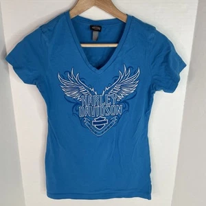 Harley Davidson Women’s V Neck T Shirt XS, Blue, Graphic, Logo, Biker, SC IA - Picture 1 of 7