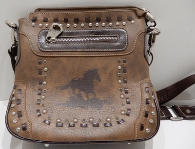 Montana West Leather Running Horse Print Messenger Bag with Silver Studs NEW - Image 1 of 4