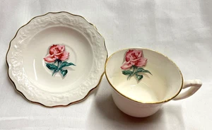 Vintage Gold Rim Saucer and Tea Cup with Pink Rose in Center - Picture 1 of 4