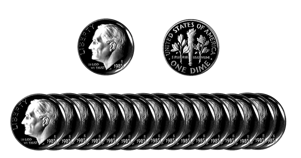 1985 S Roosevelt Dime  Gem Deep Cameo Proof Clad Roll 50 coins - Image 1 of 1