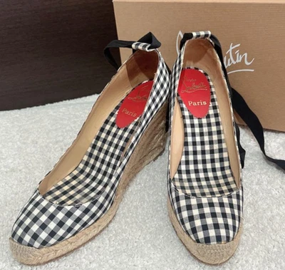 Christian Louboutin Gingham Check Ankle Ribbon Sandals 38 Black from Japan Used - Image 1 of 4