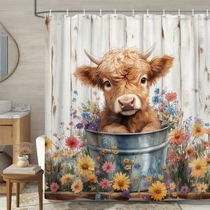 Cow Shower Curtain, Farmhouse Rustic Floral Funny Highland Cow Shower Curtain... - Picture 1 of 7