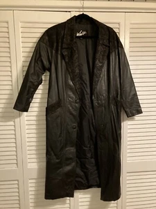 Vintage Women's Winlit Trench Coat Long Duster Jacket Black Leather & Suede Sz S - Picture 1 of 6