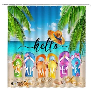 Hello Summer Shower Curtain Ocean Beach Flip Flops Starfish Palm Hawaiian - Picture 1 of 3