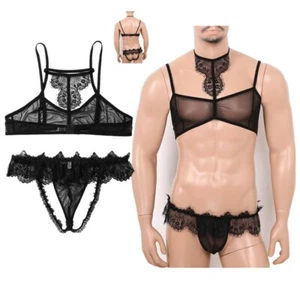 Men Mesh Lace Bra Top Vest Crotchless Briefs Sissy Lingerie Crodresser Costumes - Picture 1 of 12