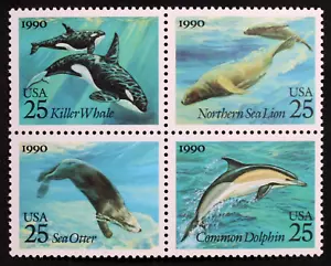 Estampillas de Estados Unidos #2508-11 ~ 1990 25c bloque de 4 criaturas marinas montadas sin montar o nunca montadas RL47 - Imagen 1 de 1