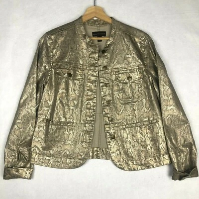 Chaqueta vaquera elástica con estampado de piel de serpiente dorada metálica Dana Buchman talla 10 Foto 1 de 4
