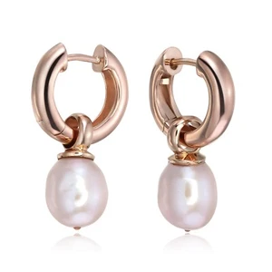 Pearl Charm Huggie Hoops Silver Earrings Rose Gold Plated - Picture 1 of 6