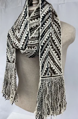 Vtg HAND Woven LONG Winter Wool Scarf Fringe Edge Southwest Boho Folk Art Navajo - Image 1 of 4