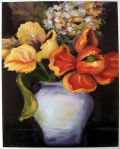 SHARI WHITE FLORAL ART PRINT 8 X 10 FLOWERS IN VASE ON BLACK AUTUMN FALL COLORS - Picture 1 of 1
