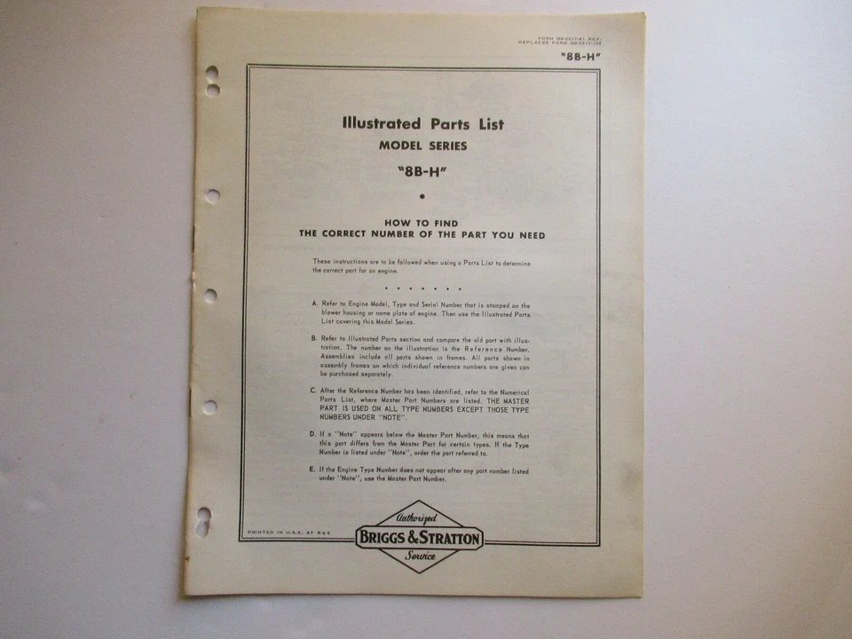 Briggs & Stratton 8B-H engine parts list manual catalog - Image 1 of 3