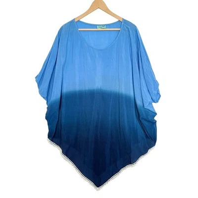 100% Шелковый Кафтан Letarte Ocean Blue Ombre Окрашенный Руками Маленький Пляж Бассейн Курорт - Изображение 1 из 4