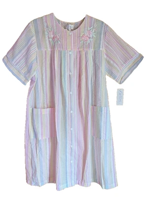 Colette Miss Elaine Robe Nightgown Pretty Pastel Rainbow Seersucker Embroidered - Image 1 of 4