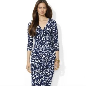 NWT Lauren Ralph Lauren Elsie Wrap Jersey Dress Ink Abstract Blue White, Size 14 - Picture 1 of 12