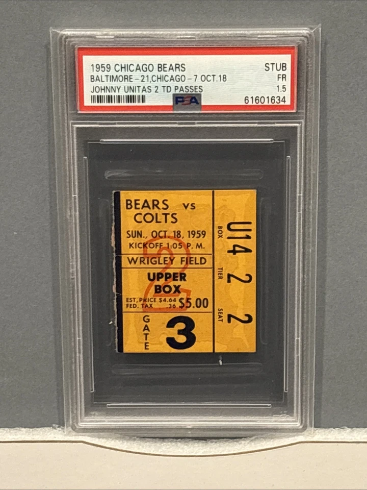 Bears v. Colts 1959 -- Johnny Unitas 2 TD -- Talón de boleto PSA Foto 1 de 1