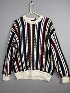 Vintage Structure Sweater Mens Large Multicolor Striped Textured 100% Cotton 90s - Picture 1 of 15