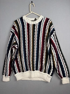 Vintage Structure Sweater Mens Large Multicolor Striped Textured 100% Cotton 90s - Image 1 of 4