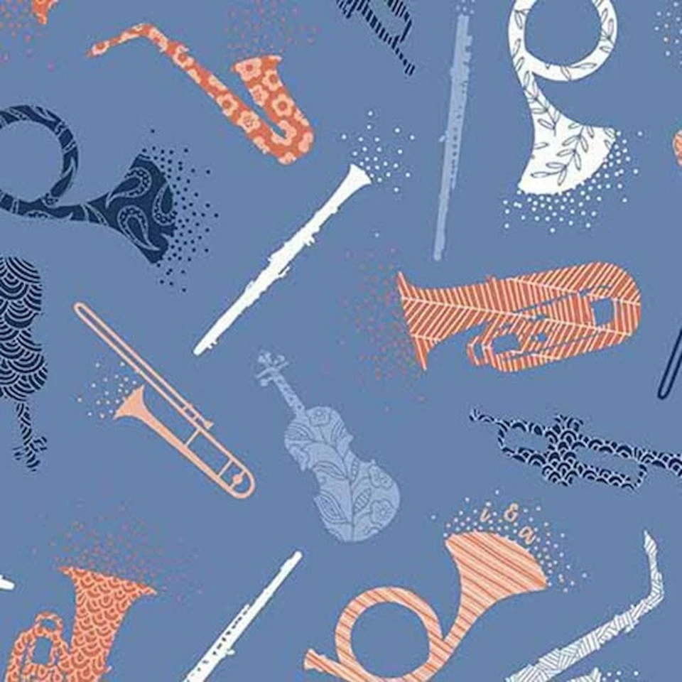 Melodie Musical Instruments Tossed Blue 100% Cotton Fabric by The Yard - Image 1 of 1