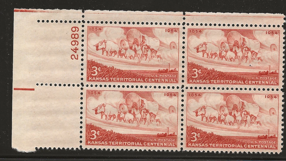 US Scott #1061, Plate Block #24989 1954 Kansas 3c FVF MNH Upper Left - Image 1 of 1